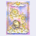 Colored pencil and watercolor illustration of a cat dressed as a cowboy with a hat and boots, holding a lasso that curls up into the sky, which is a pinkish purple. The cat stands atop of a cloud with many stars around and in the lasso.