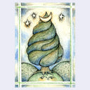 Colored pencil illustration in yellow, blue and green of a stylized cypress tree, swirled like a soft serve cone. It has a thick, short trunk and is situated on a green mound. Stars are in the bright sky.