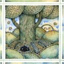 Colored pencil illustration in blue, green and yellow with finely detailed, stylized black line art of a thick trunked tree with rounded leaf clumps. Its roots are wide and intersect with many flowers and other hill mounds with a character peeping out from the dark under the tree.