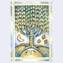 Illustration in blue, green and yellow of a stylized willow tree with large hanging leaves and a patterned bark. It is atop of a mound with a face on it, like a sun. 