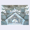 Blue and grey watercolor illustration of a dog looking out the window of an upper story house. A crescent moon hangs in the sky with clouds and circular hedge like trees around the house.
