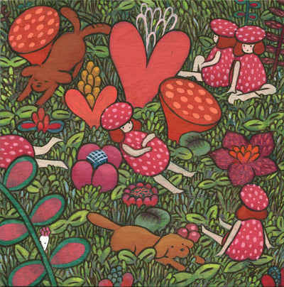 Colorful painting of several cartoon style girls, wearing rotund mushroom style bodies with mushroom caps atop their heads. They sit in lush greenery with several flowers, 2 dogs laying nearby.