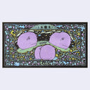 Risograph illustration of 3 large purple blob animals. One sleeps and dreams of the other 2, who jump over a fence like sheep. The background is ornate floral designs.