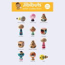 Collection of Jibibuts wooden toys with artist names on a white background