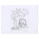 Pencil sketch of a girl sitting at a table and looking at a candle, which has just been blown out with billowing smoke.