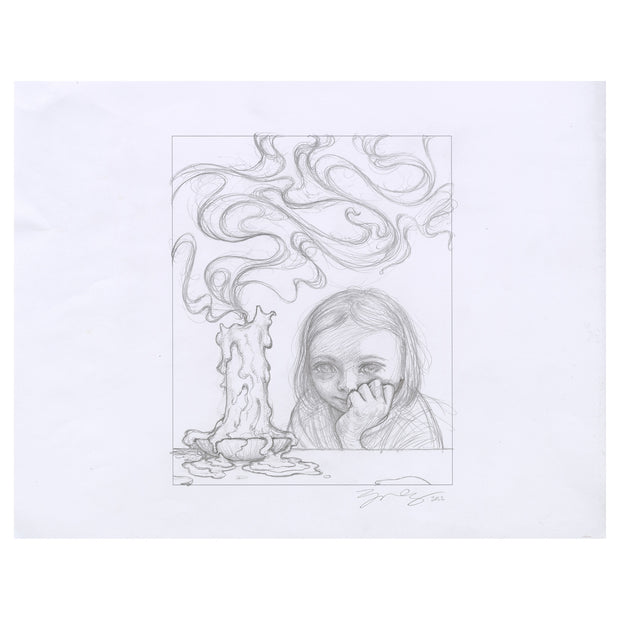 Pencil sketch of a girl sitting at a table and looking at a candle, which has just been blown out with billowing smoke.
