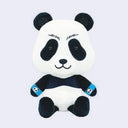 Plush of a sitting panda with a large head and a cute smiling expression. It wears sweatbands around its wrists, blue with a logo of a panda.