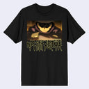 Black t-shirt with a rectangular graphic of a screenshot from Jujutsu Kaisen of Gojo, visible only from his head to his shoulders, with his arms crossed and a sly smile. Text below reads "Jujutsu Kaisen" in stylized kanji.