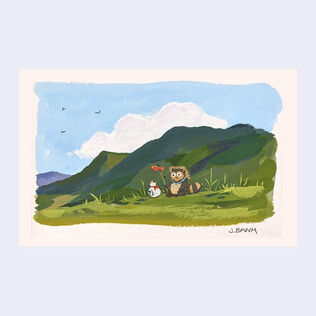 Small painting of an open mountain setting, with lots of greenery and a blue sky. A tanuki, a raccoon like creature, sits on the ground with a straw hat and a fish attached to a stick. Next to it is a small white jug.
