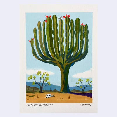 Painting of a tall multi armed cacti, looking like a tree. It has several fruit blossoms and a single birds sits atop. A cow skull is on the desert floor, with barren greenery around.