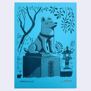 Blue ink print of a stone statue of Hachiko, a well known Shiba Inu dog. He sits nobly with greenery framing the piece. On blue paper.