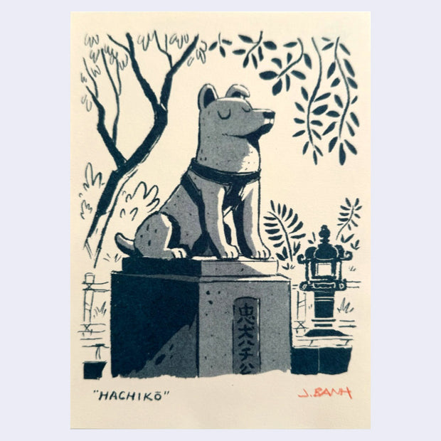 Blue ink print of a stone statue of Hachiko, a well known Shiba Inu dog. He sits nobly with greenery framing the piece. On cream paper.