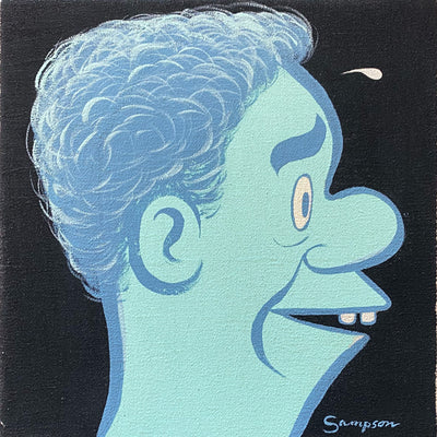 Painting of a cartoon style blue man's head, looking off to the right side in profile view. It has fluffy hair with slight curls and has a single stress drop coming off its forehead, with a slightly stressed expression.