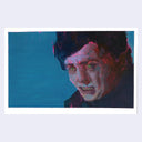 Painting of a man with a scary expression against a blue background.