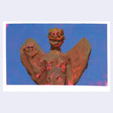 Abstract artwork of a winged figure with red and brown hues against a blue background