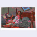 Abstract painting of a person sitting on a bed with a red and pink color scheme.