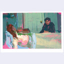 Painting of a woman laying in bed with green liquid over her chest and mouth and a man sitting bedside.