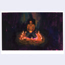 Man sitting cross-legged surrounded by candles in a dark setting