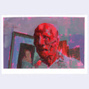 Painting of a man with a monster like red face.