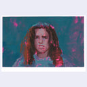 Artistic depiction of a person with long hair against a textured blue and pink background