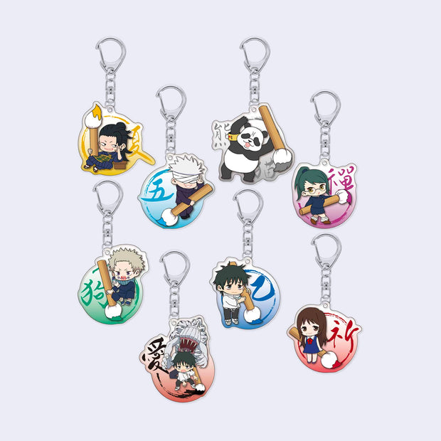 8 differently designed die cut acrylic keychain charms from Jujutsu Kaisen, one of each character. They all hold a large brush with different colored paint on the end, writing in kanji.