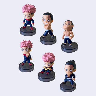 6 different character design figures from Jujutsu Kaisen, 3 of Yuji and 3 of Todo, in various poses and emotions.