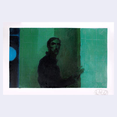 Painting based on a film still from Paris Texas of a man standing mostly in shadow in a room with low, green lighting.