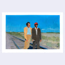 Painting based on a film still from Paris Texas of 2 men standing on railway tracks with very flat landscape around them and a blue, cloudless sky.