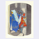 Illustration of two cat characters in a doorway, one in blue and the other in red and gray.