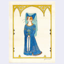 Illustration of a cat in a blue dress with a decorative frame on a light purple background