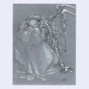 White pencil drawing on gray paper of a girl with many braids.