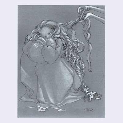White pencil drawing on gray paper of a girl with many braids.