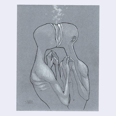 White pencil on gray paper of 2 faces kissing, merging into one another.