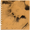 Pencil drawing on brown paper of a girl looking back, wind blowing her hair.