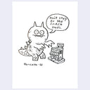 Cartoon monster with a speech bubble and a small shop, drawn in black ink on a white background.