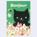 Notebook cover with a black cat, flowers, and 'Bonjour' text on a green background