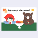 Illustration of a girl in red hood and a bear with apples, featuring the text 'Comment allez-vous?'