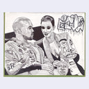 Marker illustration on interior of a book cover of Kanye West and Kim Kardashian, sitting on a couch and talking to one another.