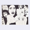 Marker illustration on book cover interior of several girls looking like Kardashian caricatures. 