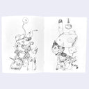 Open view of coloring book, white pages with an illustration on each page of a character with a futuristic helmet with anti gravity elements and wires.