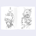 Open view of coloring book, white pages with an illustration on each page of a character with something on their head.