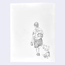 Black and white line drawing of a person walking a tiny bear on a light purple background