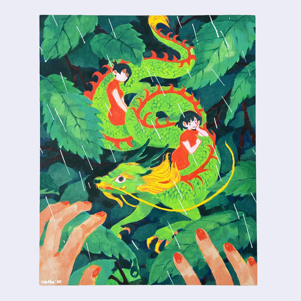 Painting of a bright green dragon hidden in leaves, with 2 women in red dresses riding atop of it. Someone's hands pull apart the leaves, revealing the dragon.