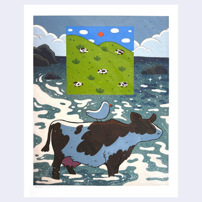 Illustration of a cow with a bird on its back, looking off and standing in the ocean. There is a smaller inset image of a green field with cows.