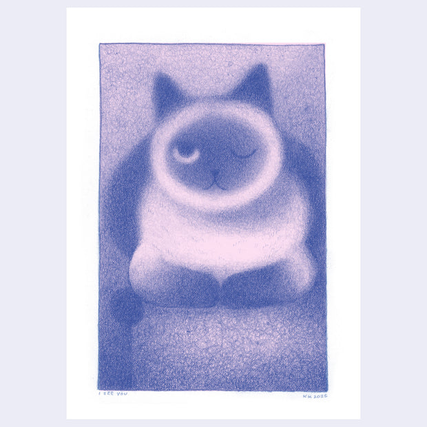 Illustration in blue and pink of a cat sitting as a loaf, with one eye closed and looking at the viewer.
