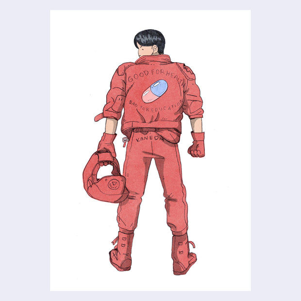 Illustration of Kaneda from Akira, in a red outfit holding a helmet and facing away from the viewer. On the back of his jacket is a blue and red pill with text that reads "good for health / bad for education"