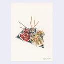Illustration of several plates of food, with chopsticks sticking out of a cup in the middle.