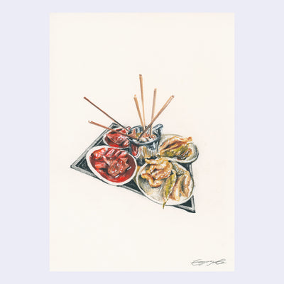 Illustration of several plates of food, with chopsticks sticking out of a cup in the middle.