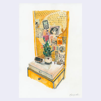 illustration of someone's desk, with a yellow peg board behind it with many photos on it.