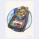 Illustration of a tray with fish and chips on it.